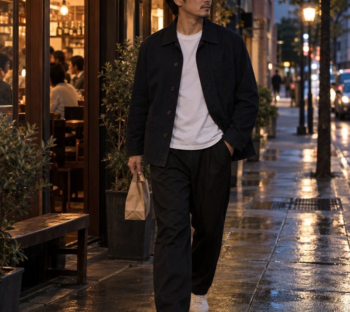A man in a navy chore jacket and black trousers walking outside a restaurant after rain.