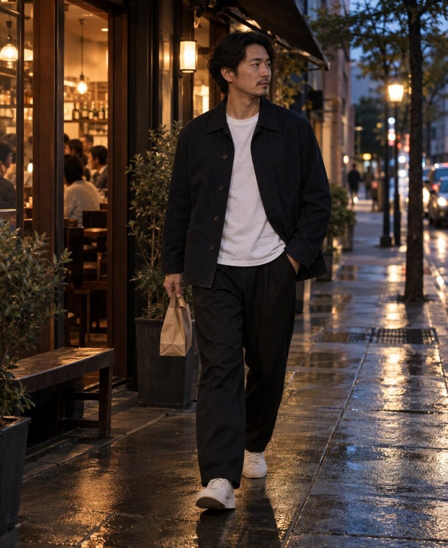 A man in a navy chore jacket and black trousers walking outside a restaurant after rain.
