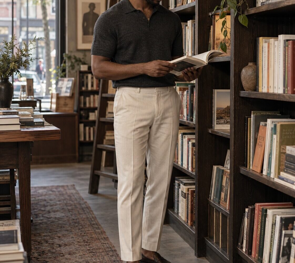 A man wearing a charcoal knit polo and cream trousers reading in a bookstore.
