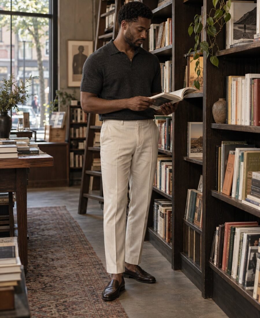 A man wearing a charcoal knit polo and cream trousers reading in a bookstore.
