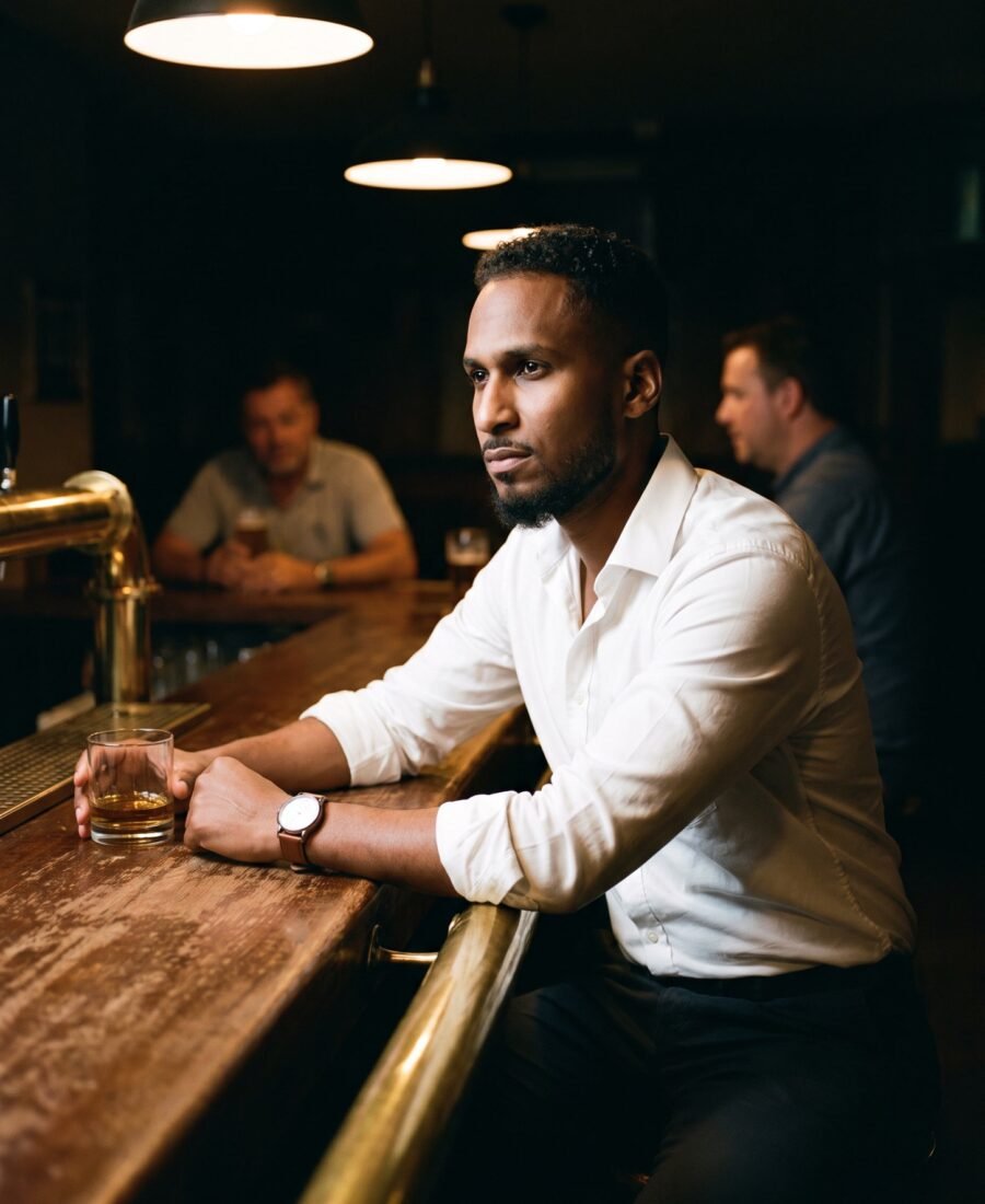 A man in a white shirt seated at a dimly lit bar, illustrating clothes and confidence.