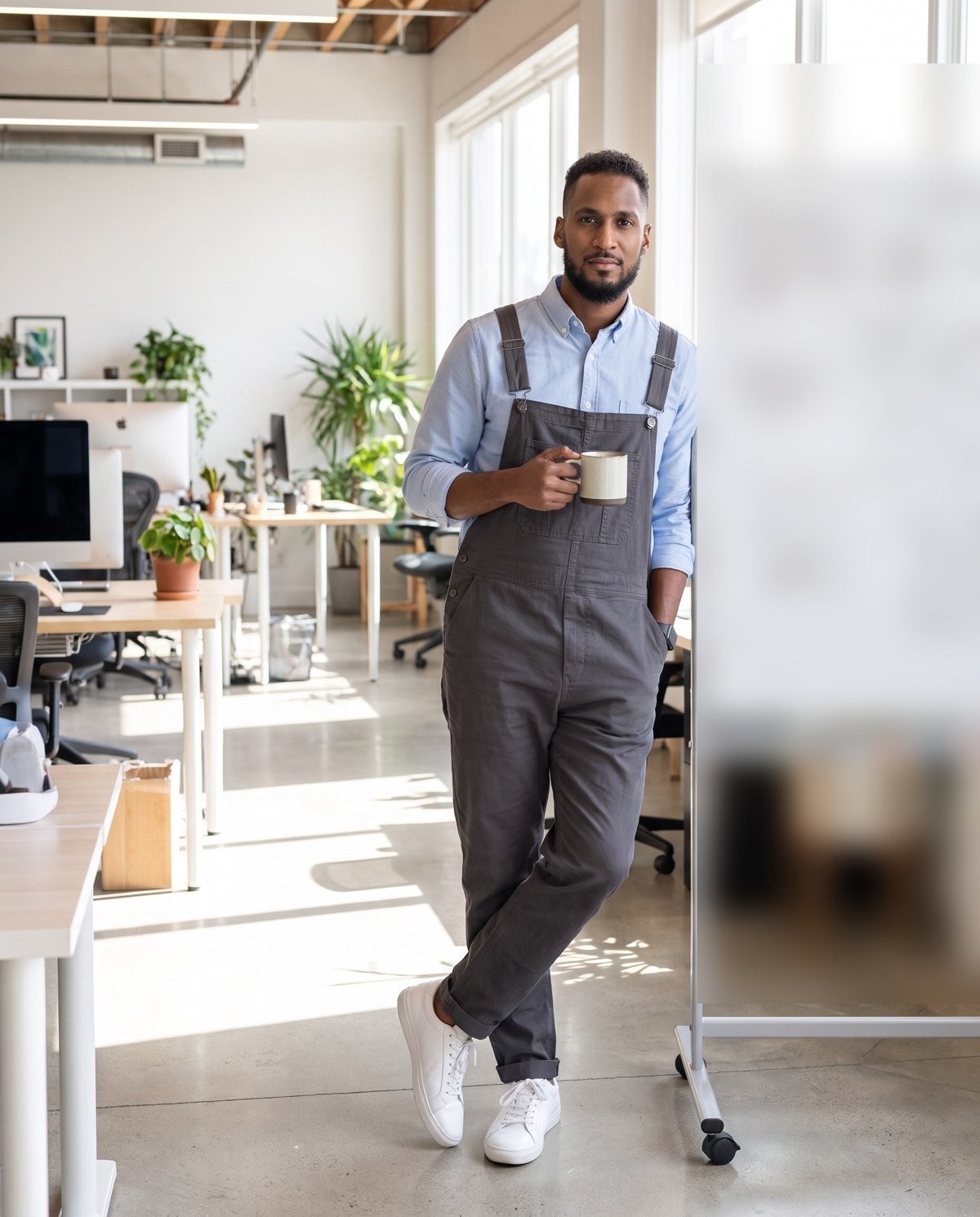 A man in grey bib overalls over a light blue button-up shirt holding a mug in a bright creative office