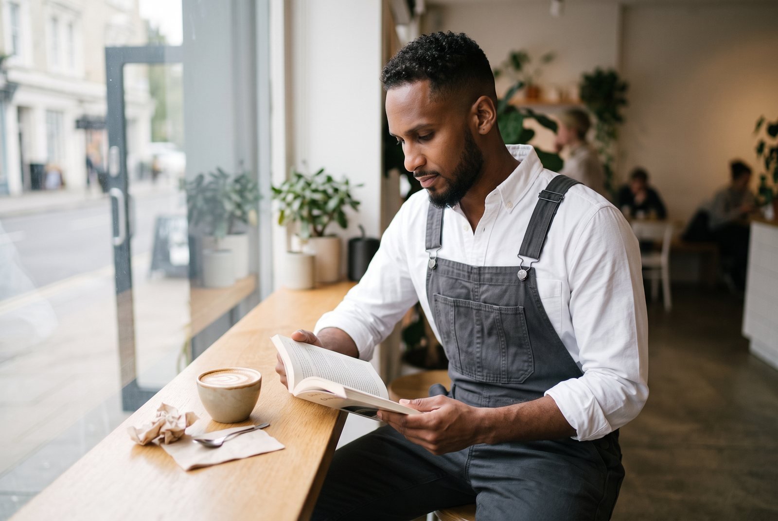 Man in charcoal overalls and a white oxford shirt reading at a coffee shop window