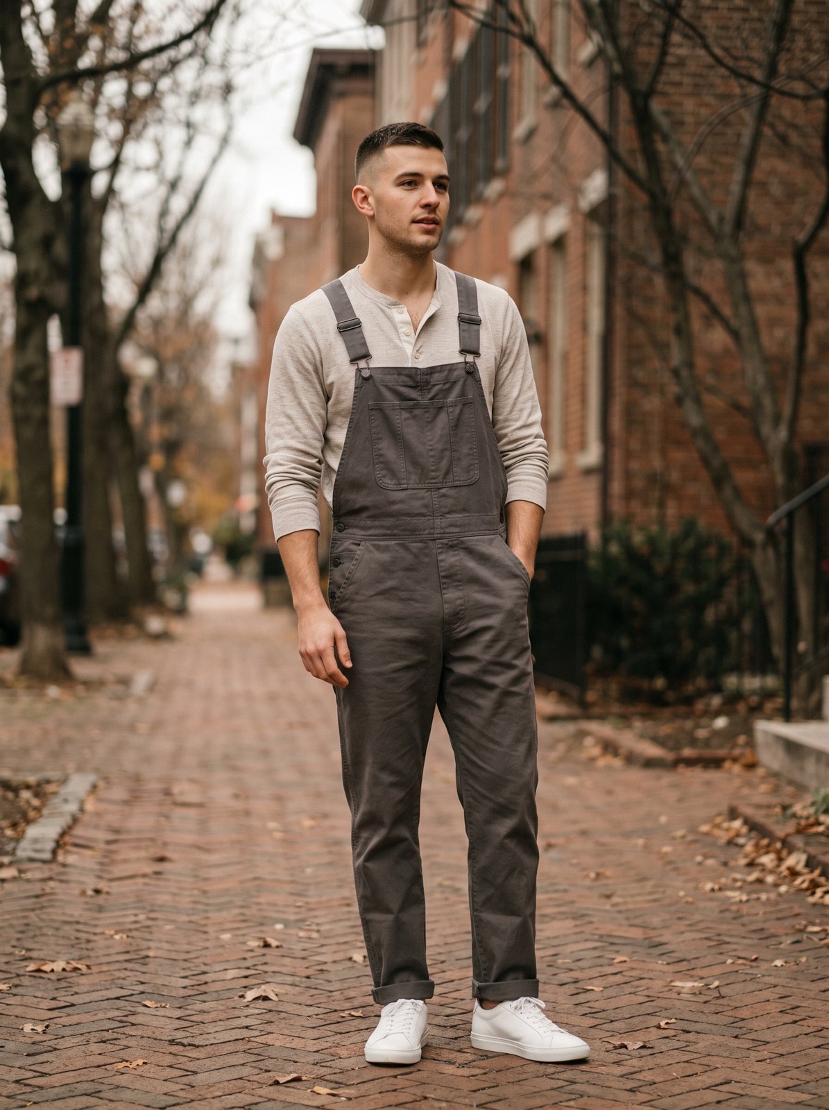 A young man in charcoal bib overalls over an oatmeal long-sleeve henley on a tree-lined sidewalk in autumn