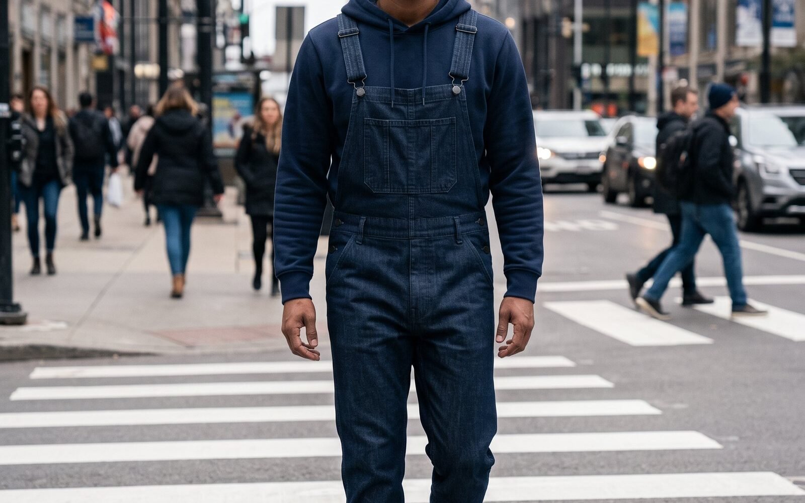 Man in dark indigo overalls over a navy hoodie crossing a city street in white sneakers