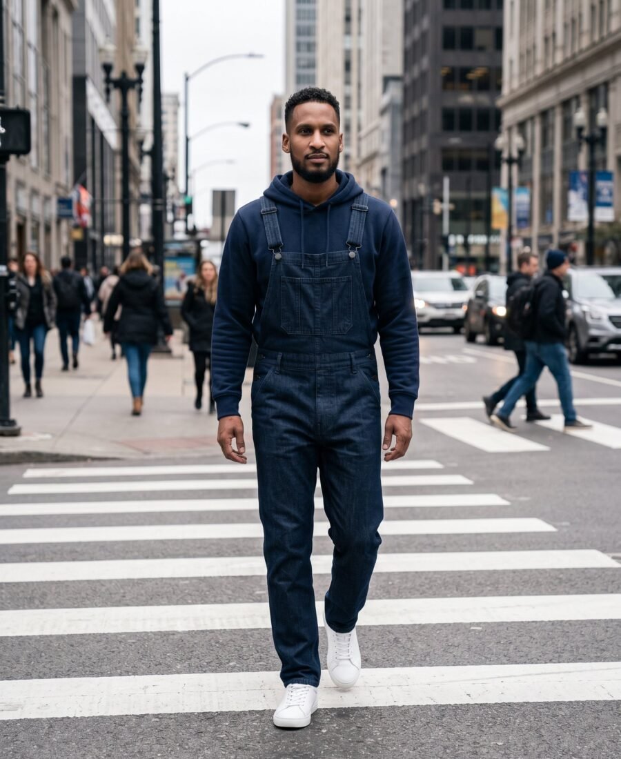 Man in dark indigo overalls over a navy hoodie crossing a city street in white sneakers