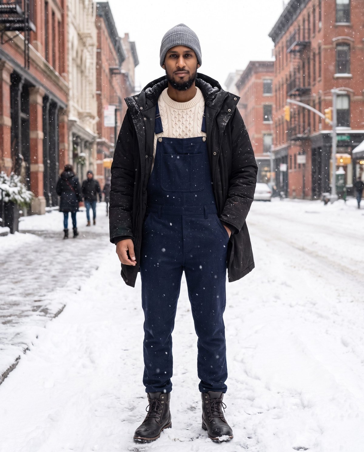 A man in navy bib overalls over a cream knit, with a long black insulated coat worn open, standing on a snowy street