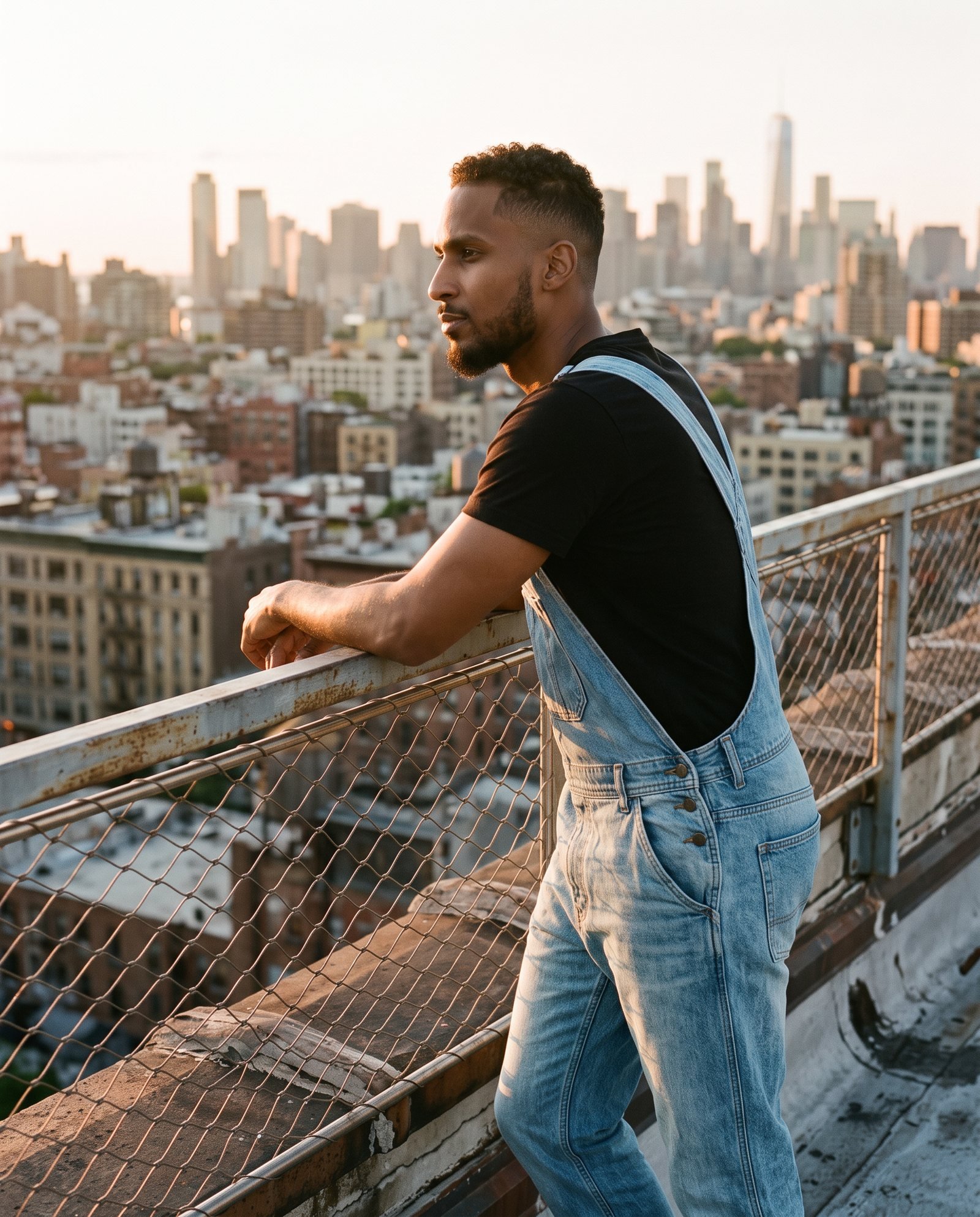 Man in light-wash denim overalls and a black tee on a city rooftop at golden hour