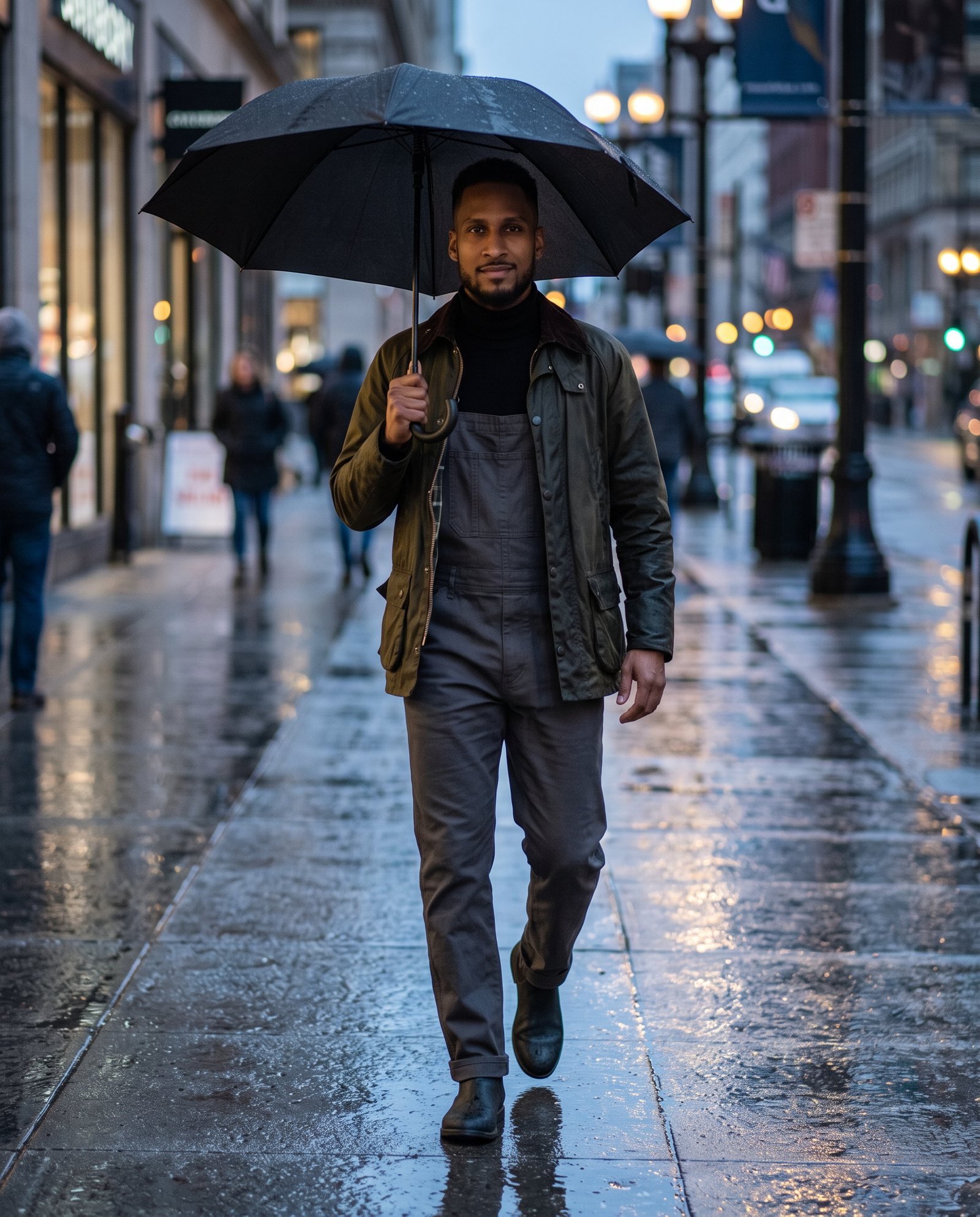 Man in charcoal overalls, black turtleneck and olive waxed jacket walking a wet city street with an umbrella
