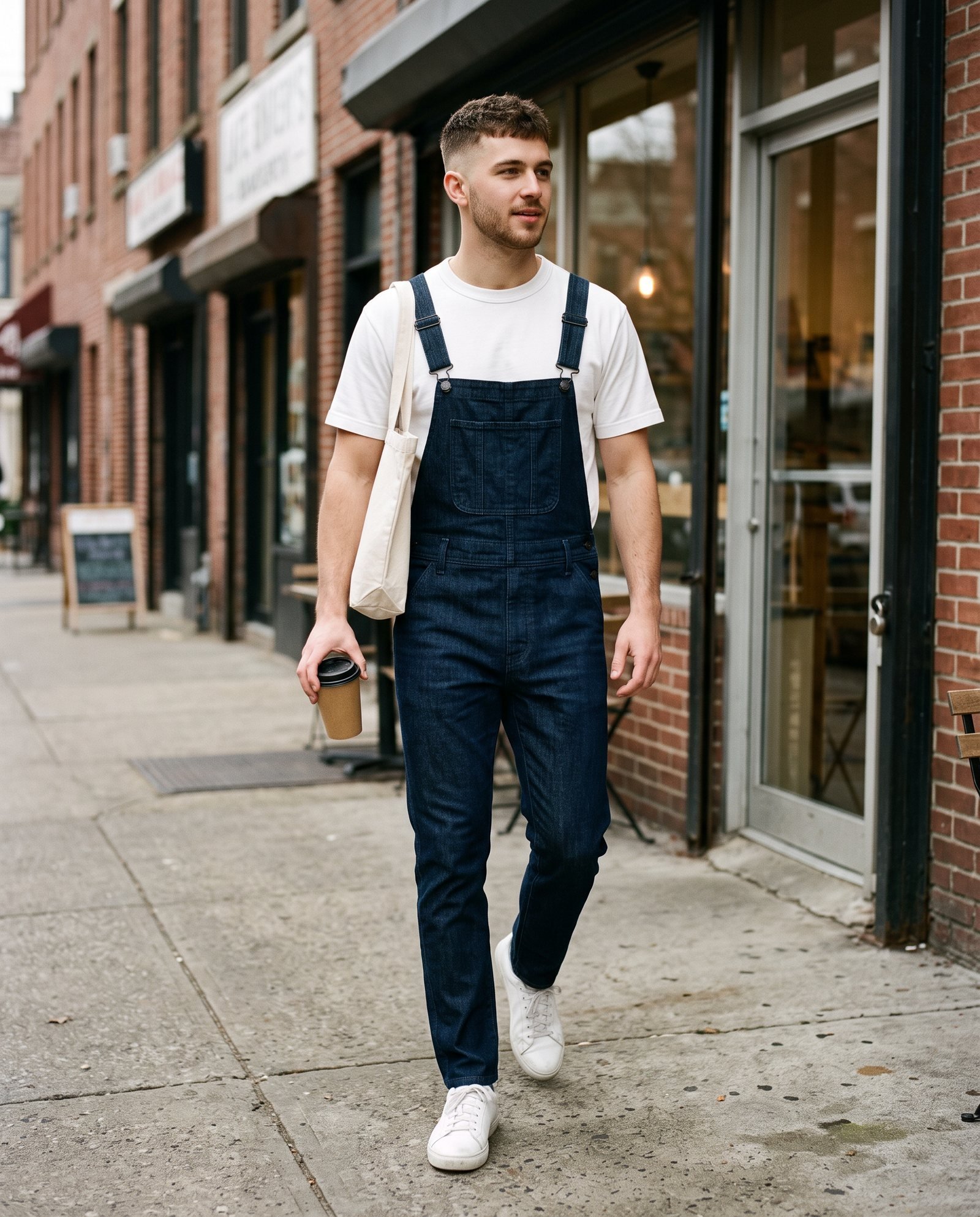 Young man in indigo denim overalls, white tee and white sneakers walking out of a bakery with coffee