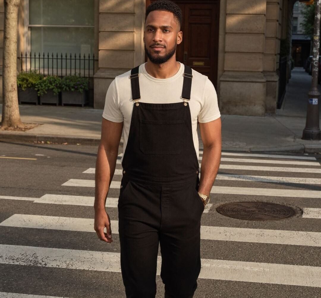 A man in plain black overalls and a cream T-shirt crossing a city street in white sneakers