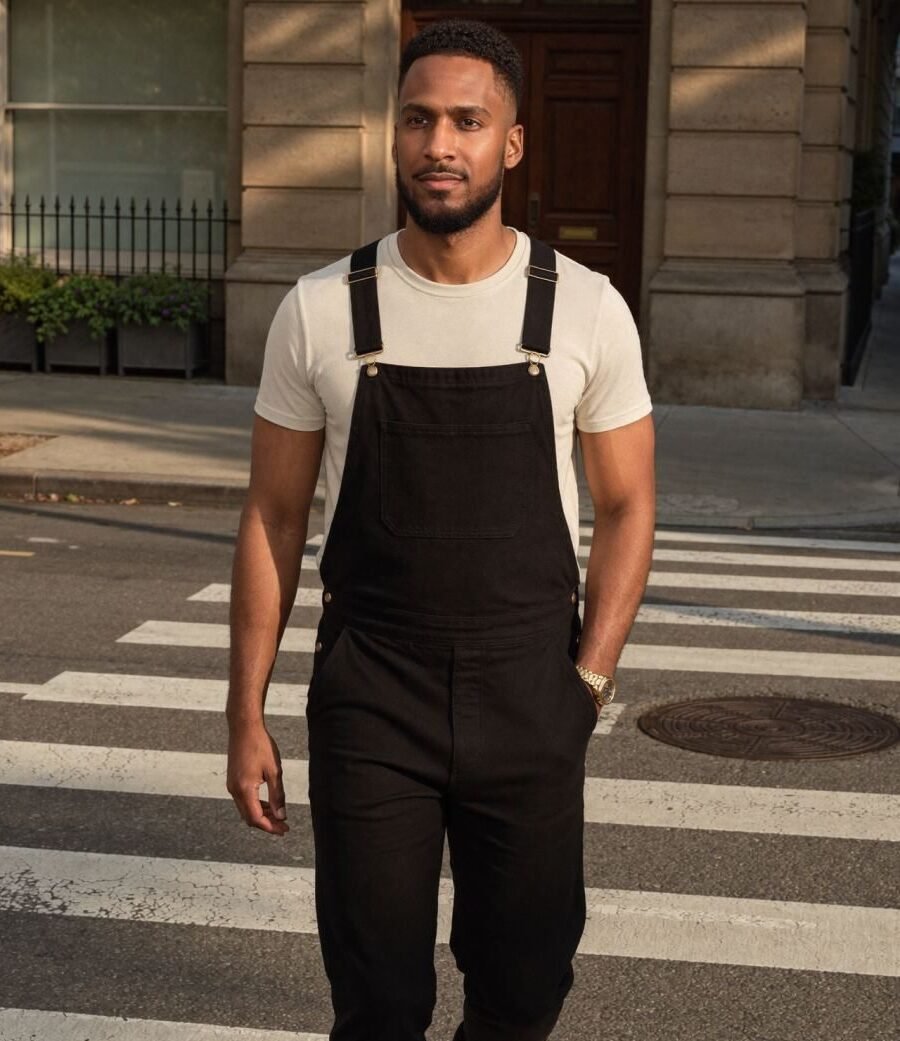 A man in plain black overalls and a cream T-shirt crossing a city street in white sneakers