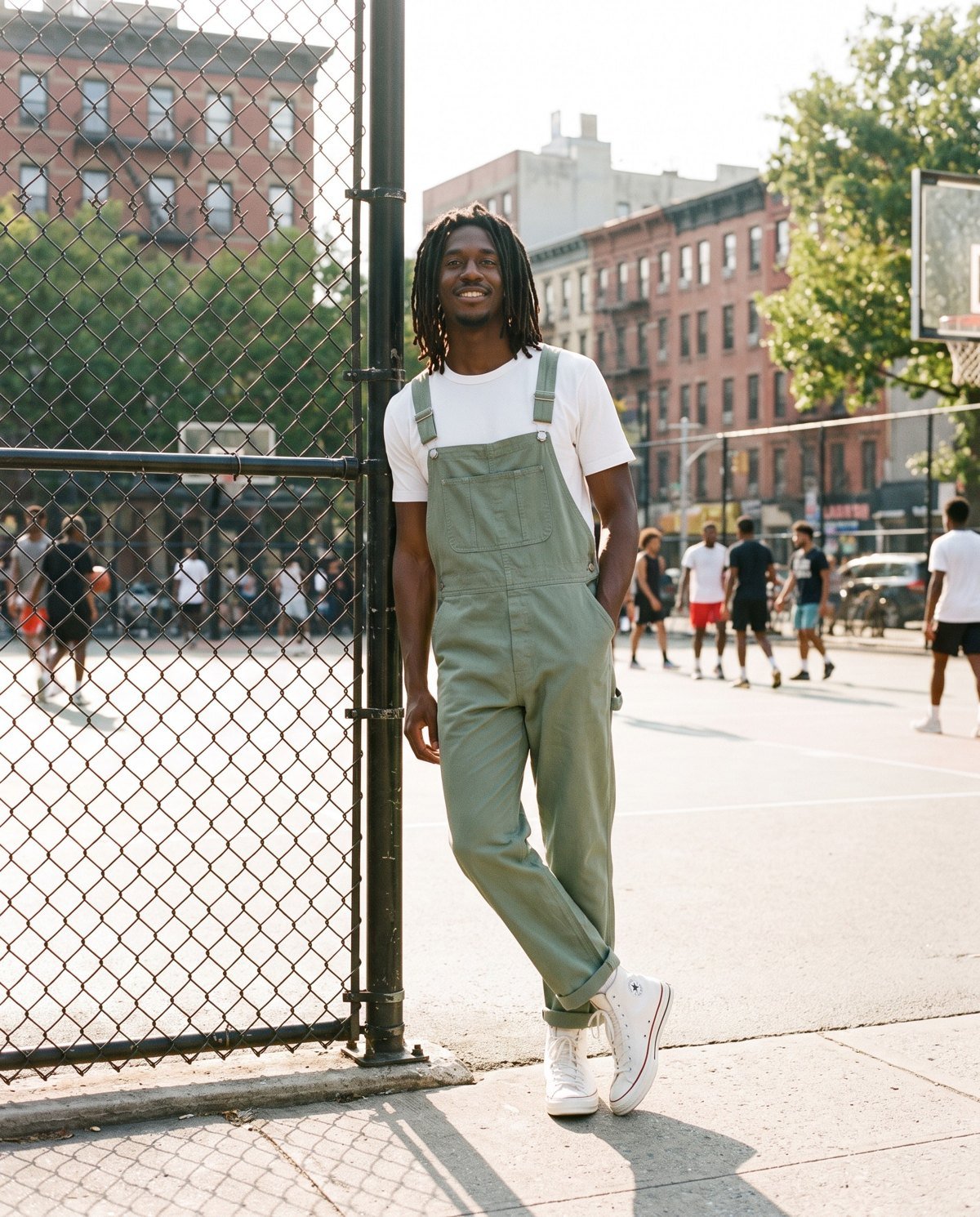 A young man in sage-green bib overalls over a plain white crew-neck T-shirt and white sneakers by a city basketball court