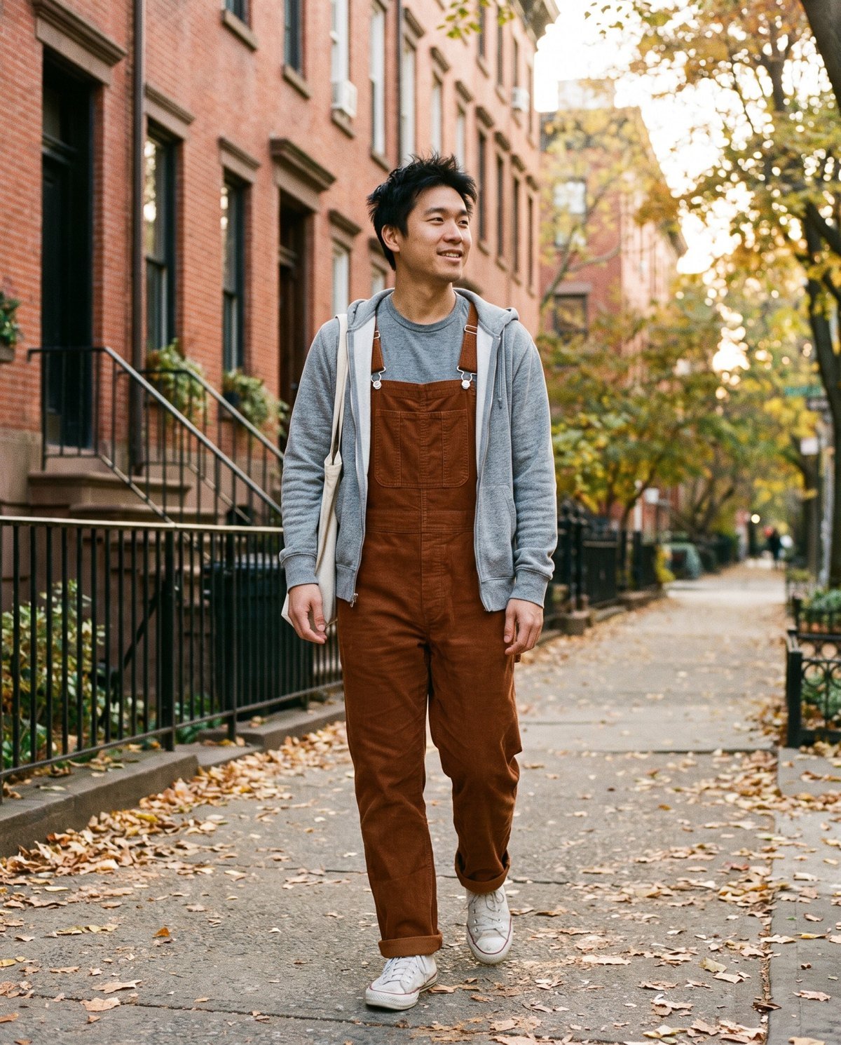 A young man in rust corduroy bib overalls over a grey T-shirt with a grey zip hoodie worn open, walking on an autumn street